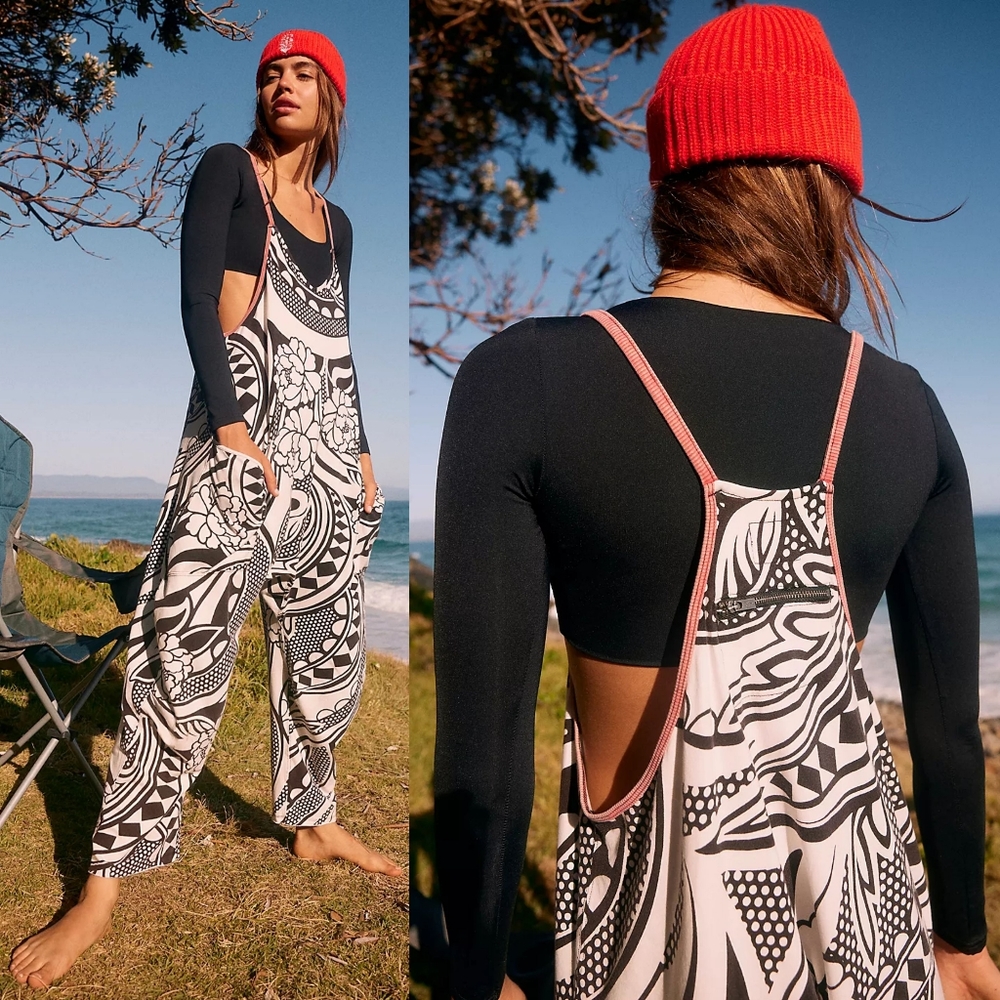 New FP Movement Free People Hot Shot Onesie S Padma Black Printed Combo Jumpsuit - Picture 2 of 16